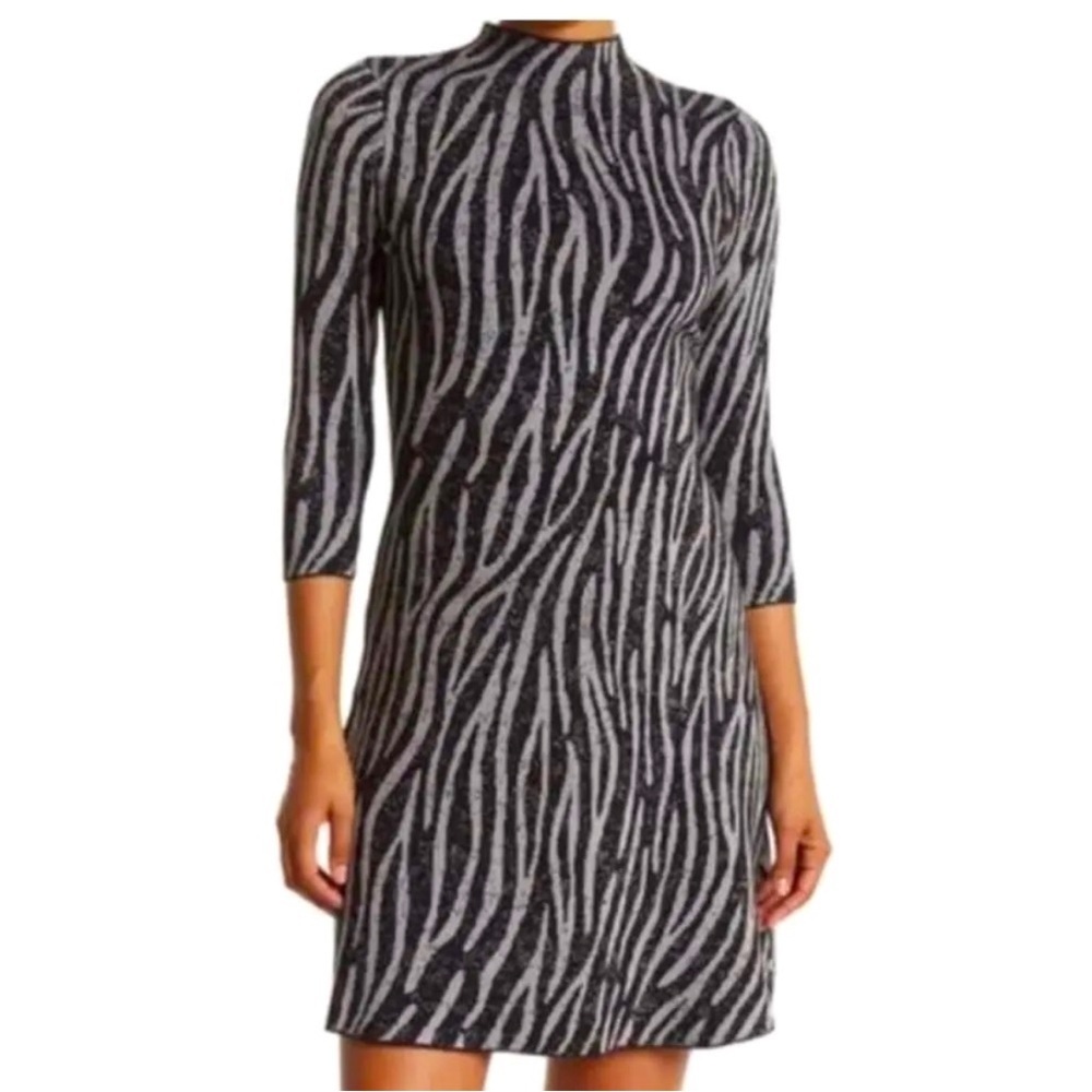 Nanette Lepore Zebra Print Mock Neck 3/4 Sleeve Knit Sweater Dress, size XL